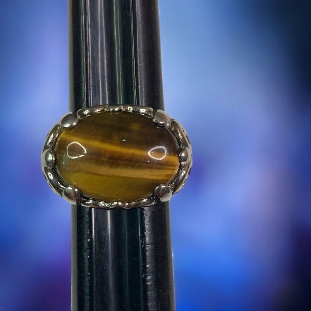 Sterling Silver 925 Stylish Tiger Eye Statement Ring, Ornate Band, Size 5 1/2